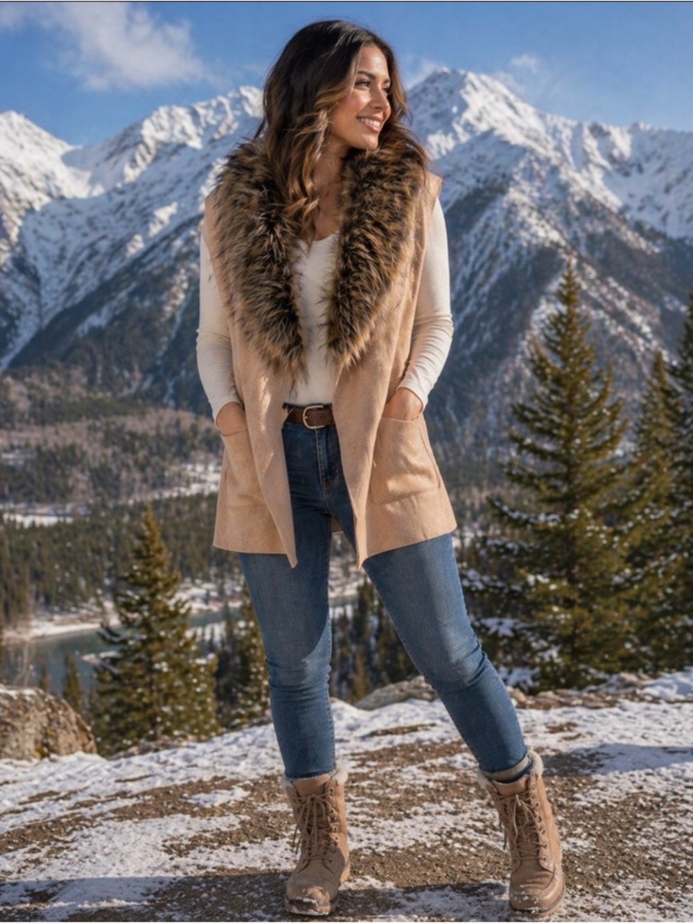 Rosette sleeveless faux fur faux suede Vest